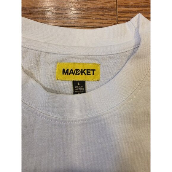MARKET Studios Box Logo Graphic Tee Shirt Mens Sz Large White Blue heavyweight - Picture 3 of 7